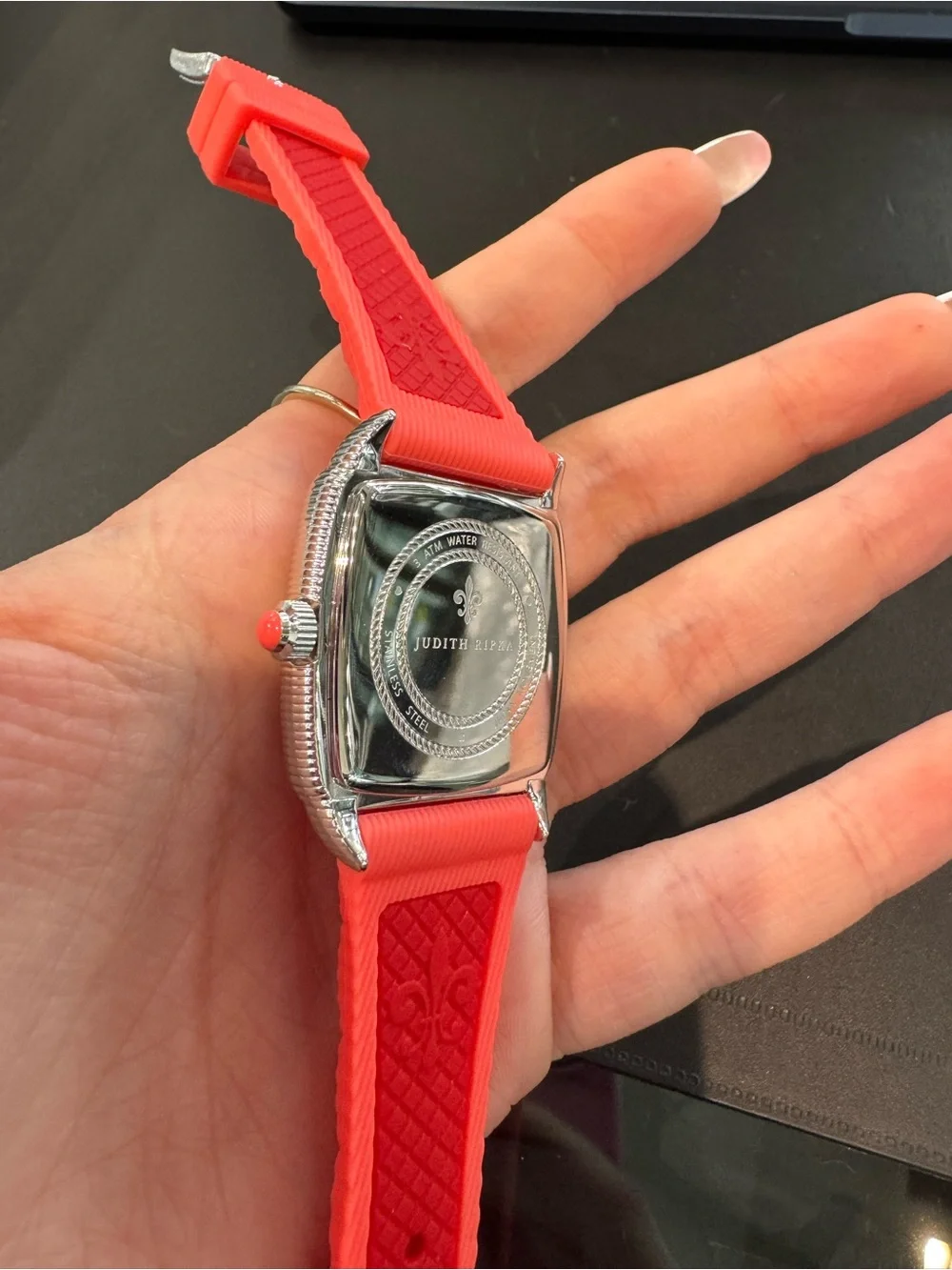 New Judith Ripka Coral Red Mother of Pearl Stainless Steel Square Women's Watch